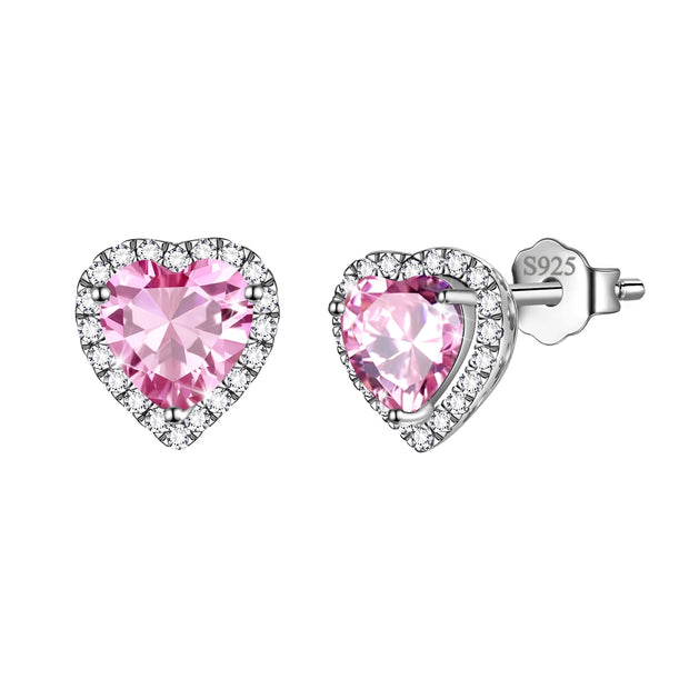 Exquisite Pink Heart Stud Earrings - October Birthstone Tourmaline CZ in 925 Sterling Silver - Perfect Gift for Her