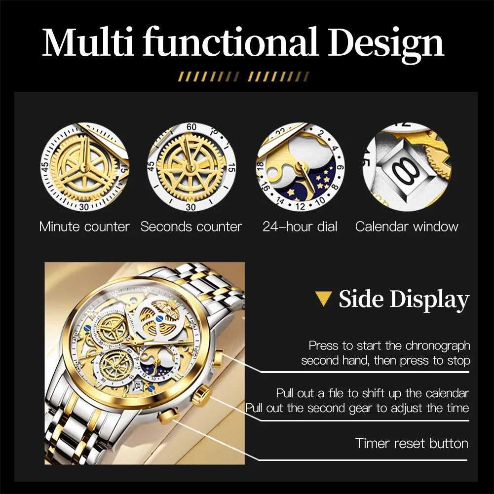 OLEVS Watches for Men Business Dress Luxury Analog Quartz Chronograph Two Tone Gold Plated Stainless Steel Waterproof Luminous Date Casual Mens Wrist Watches Reloj Para Hombre