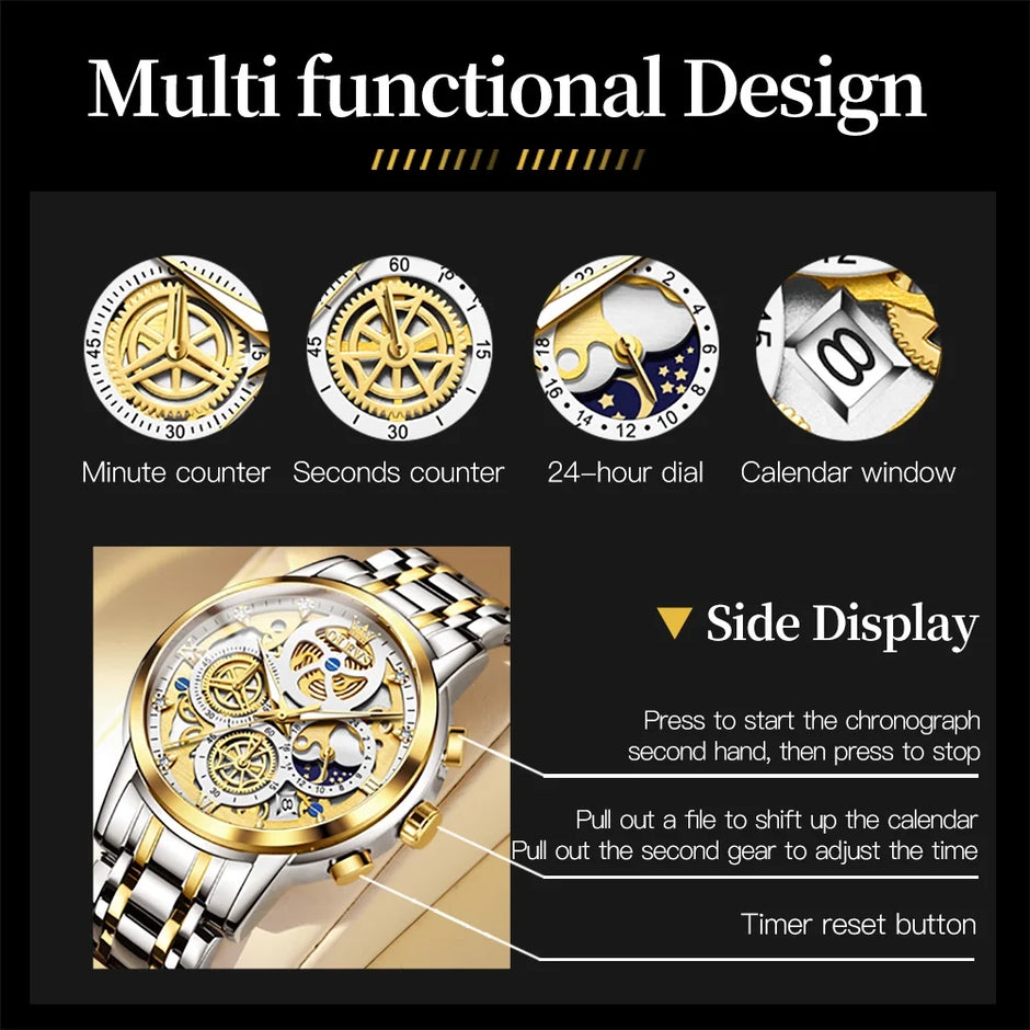 OLEVS Watches for Men Business Dress Luxury Analog Quartz Chronograph Two Tone Gold Plated Stainless Steel Waterproof Luminous Date Casual Mens Wrist Watches Reloj Para Hombre