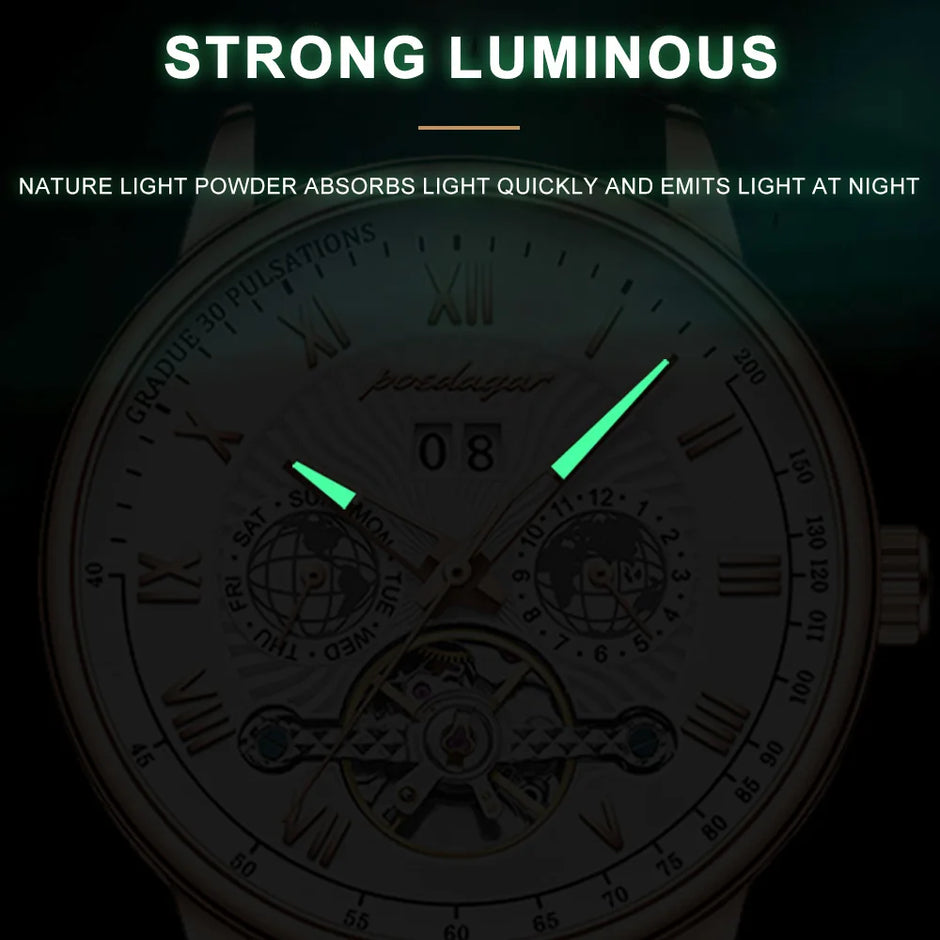 Automatique Mechanical Hollow Watch Luxury Waterproof Date&Week Leather Fashion Men'S Watch Business Male Clock Leisure