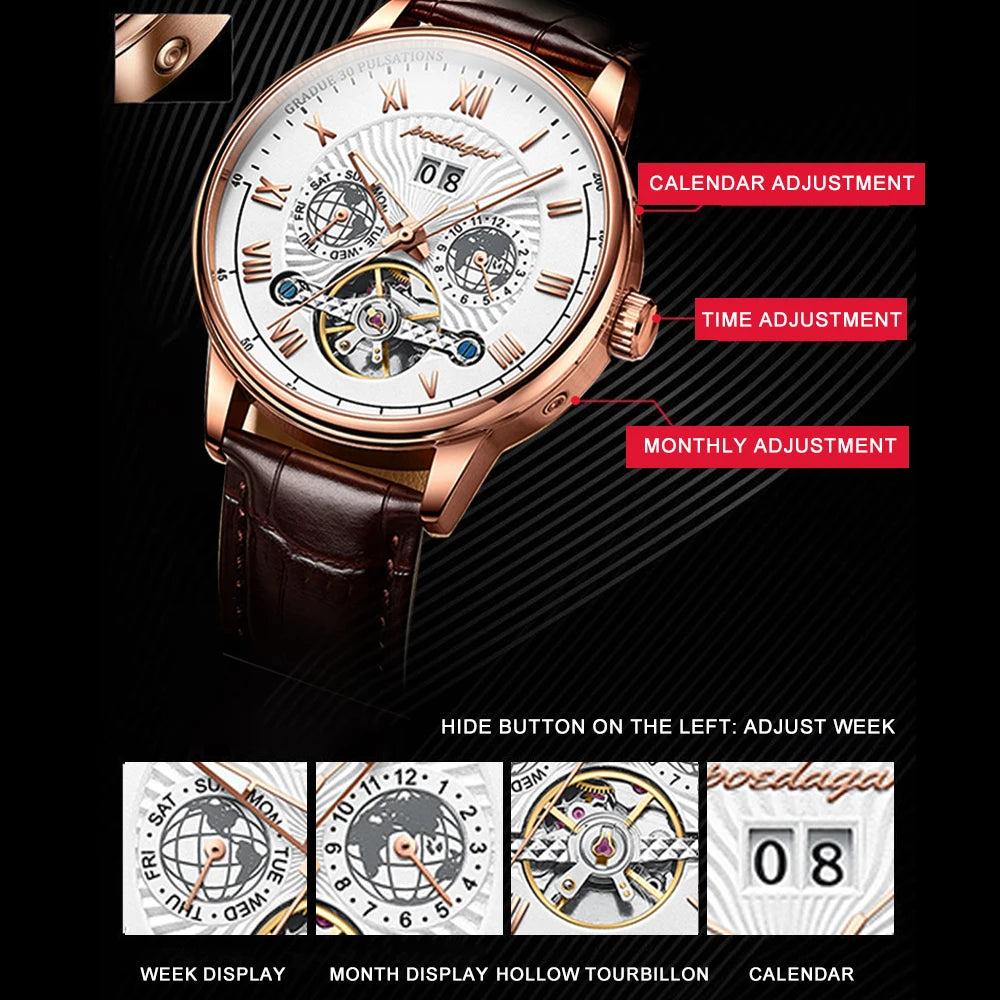 Automatique Mechanical Hollow Watch Luxury Waterproof Date&Week Leather Fashion Men'S Watch Business Male Clock Leisure