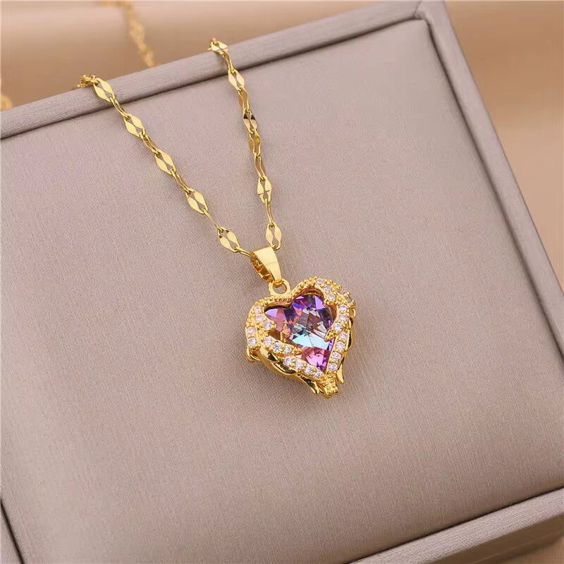 Elevate Your Style with the Stunning Colorful Crystal Ocean Heart Pendant Necklace - Trendy 316L Stainless Steel Jewelry for Women