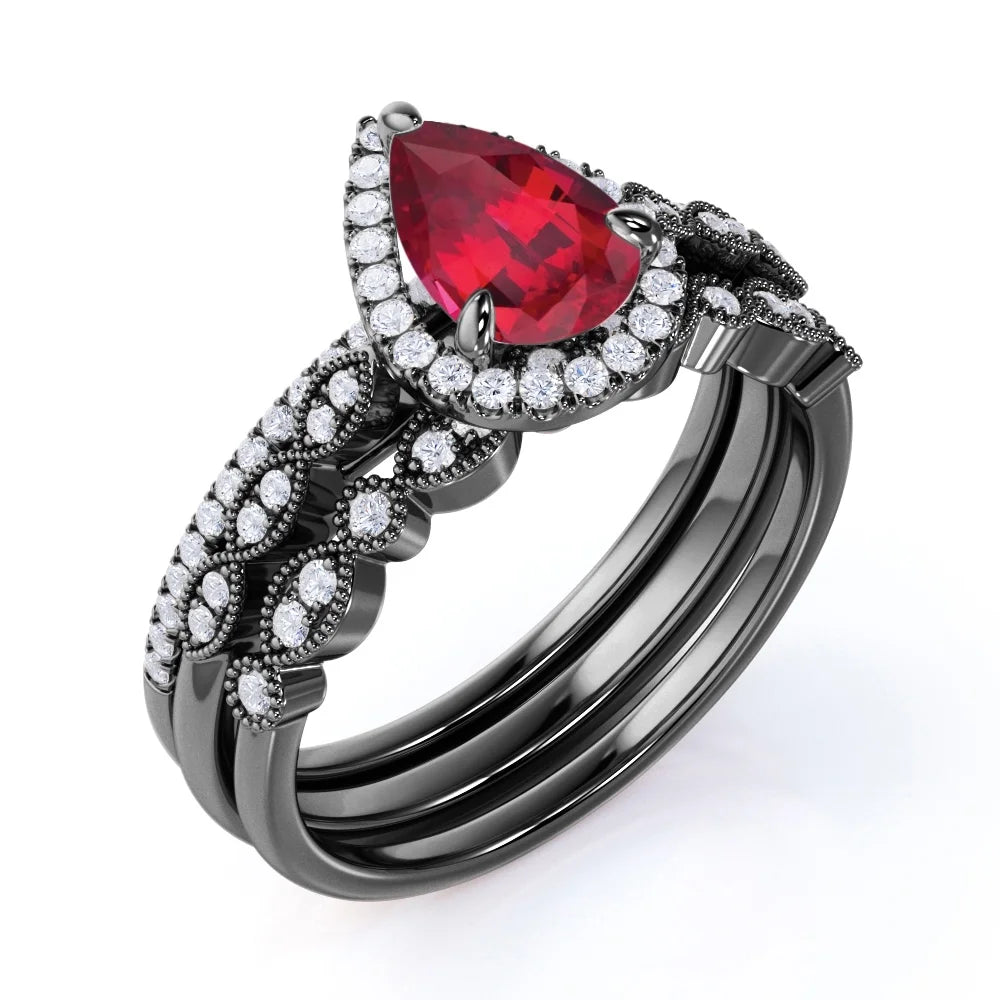 Jeenmata 1.75 Carat Teardrop Vintage Simulated Ruby Trio Set in 18K Black Gold over Silver