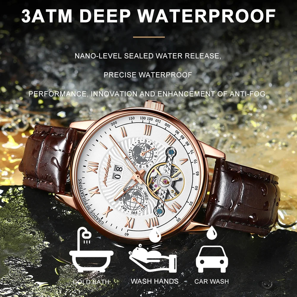 Automatique Mechanical Hollow Watch Luxury Waterproof Date&Week Leather Fashion Men'S Watch Business Male Clock Leisure