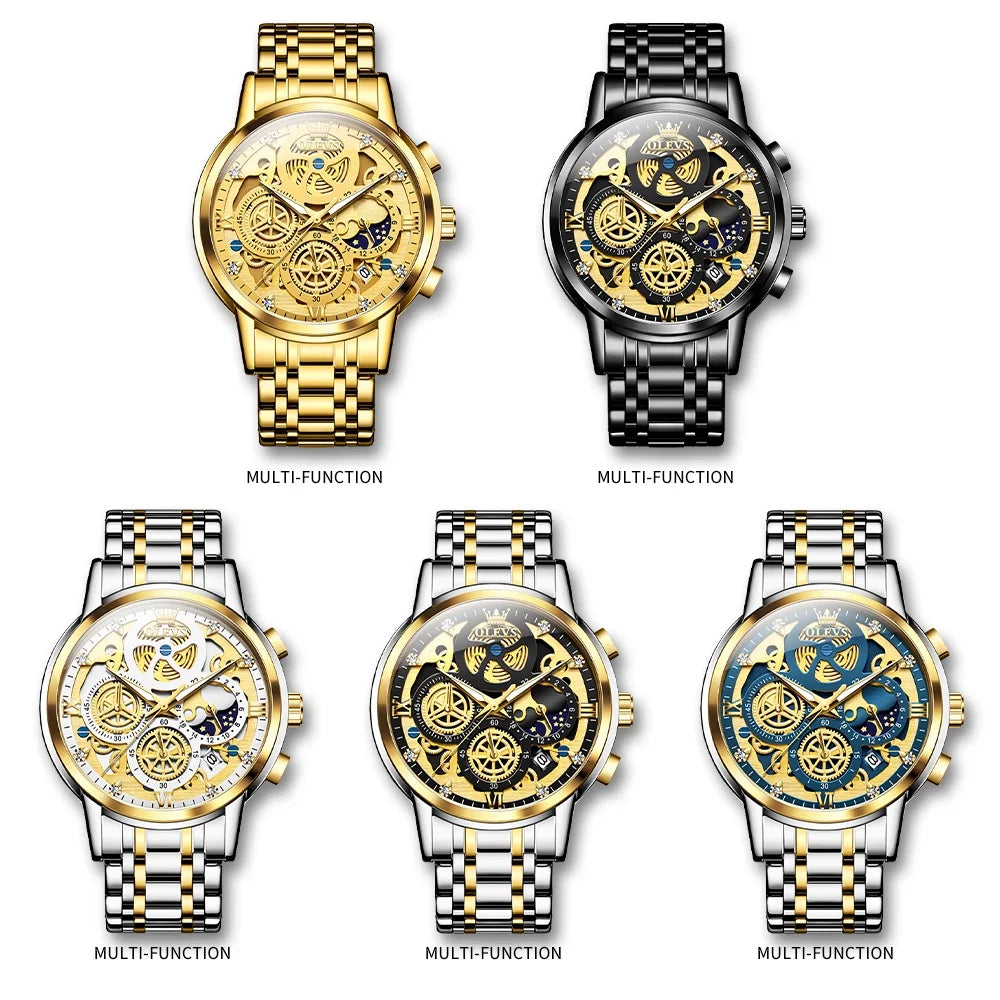 OLEVS Watches for Men Business Dress Luxury Analog Quartz Chronograph Two Tone Gold Plated Stainless Steel Waterproof Luminous Date Casual Mens Wrist Watches Reloj Para Hombre
