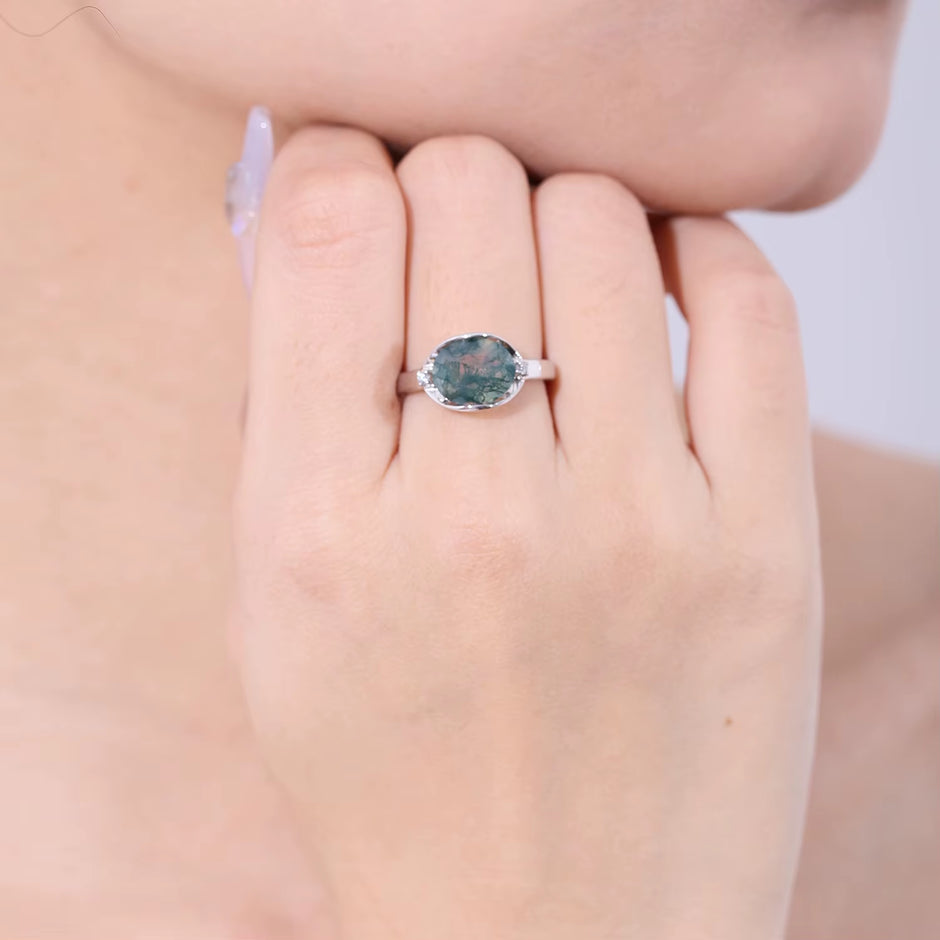 Birthstone Dainty Ring 8X10Mm Oval 2.91Ct Natural Moss Agate Gemstone Ring in 925 Sterling Silver Gift for Her