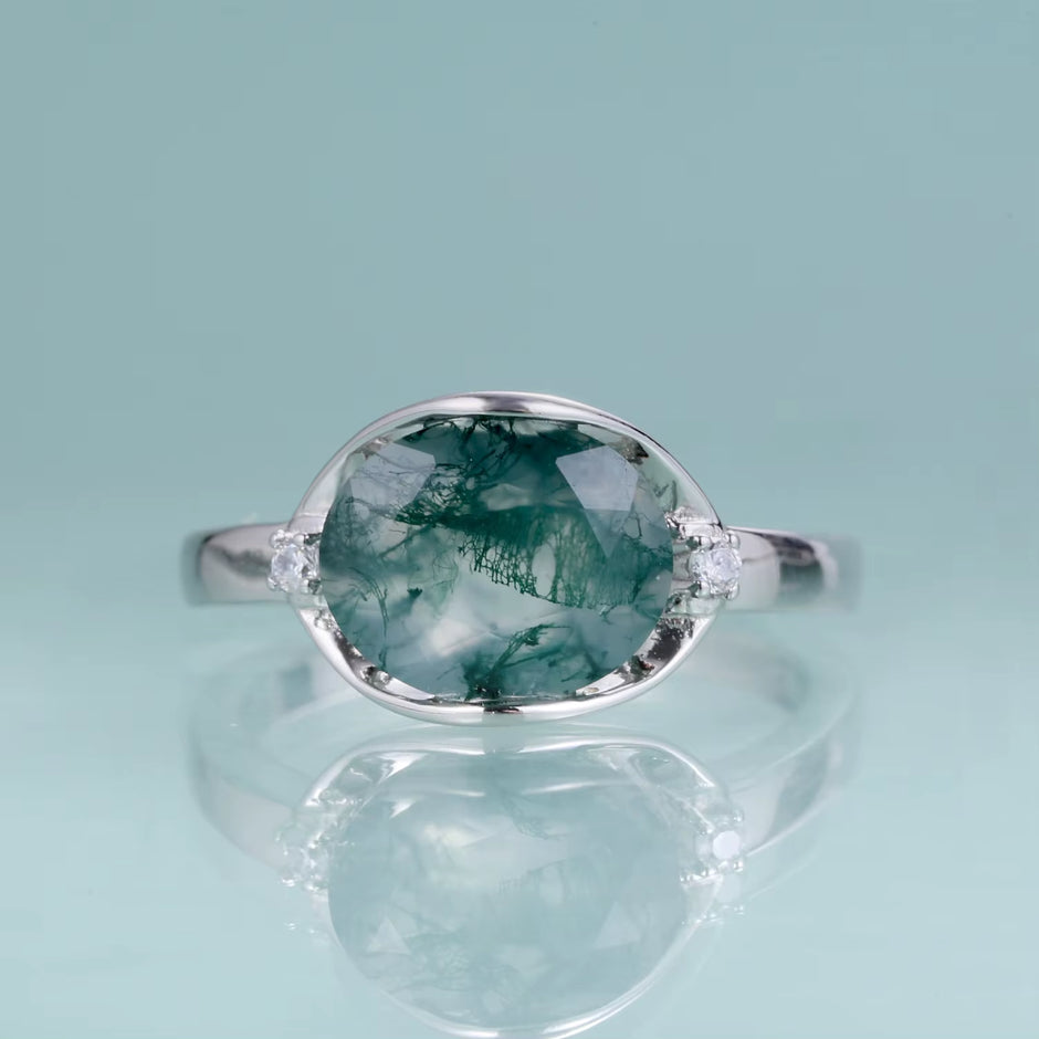 Birthstone Dainty Ring 8X10Mm Oval 2.91Ct Natural Moss Agate Gemstone Ring in 925 Sterling Silver Gift for Her