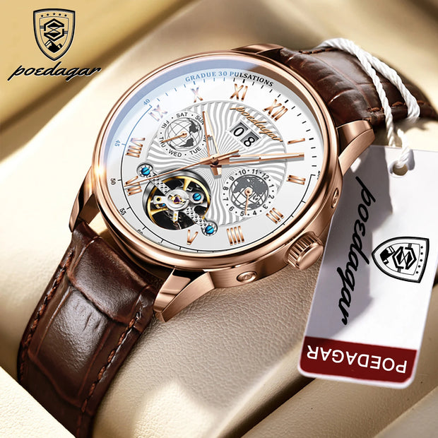 Automatique Mechanical Hollow Watch Luxury Waterproof Date&Week Leather Fashion Men'S Watch Business Male Clock Leisure