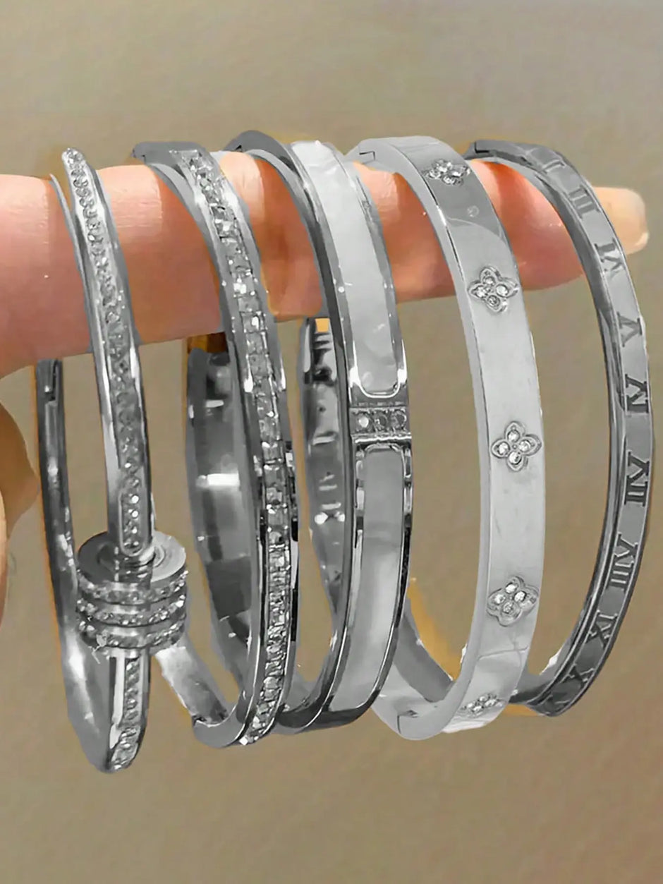Chic 5-Piece Stainless Steel Bangle Set - Effortlessly Stylish Bracelets for Every Occasion