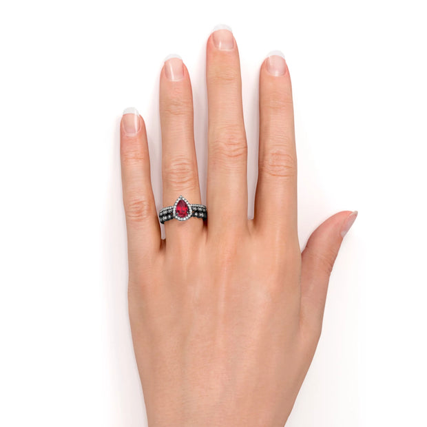 Jeenmata 1.75 Carat Teardrop Vintage Simulated Ruby Trio Set in 18K Black Gold over Silver