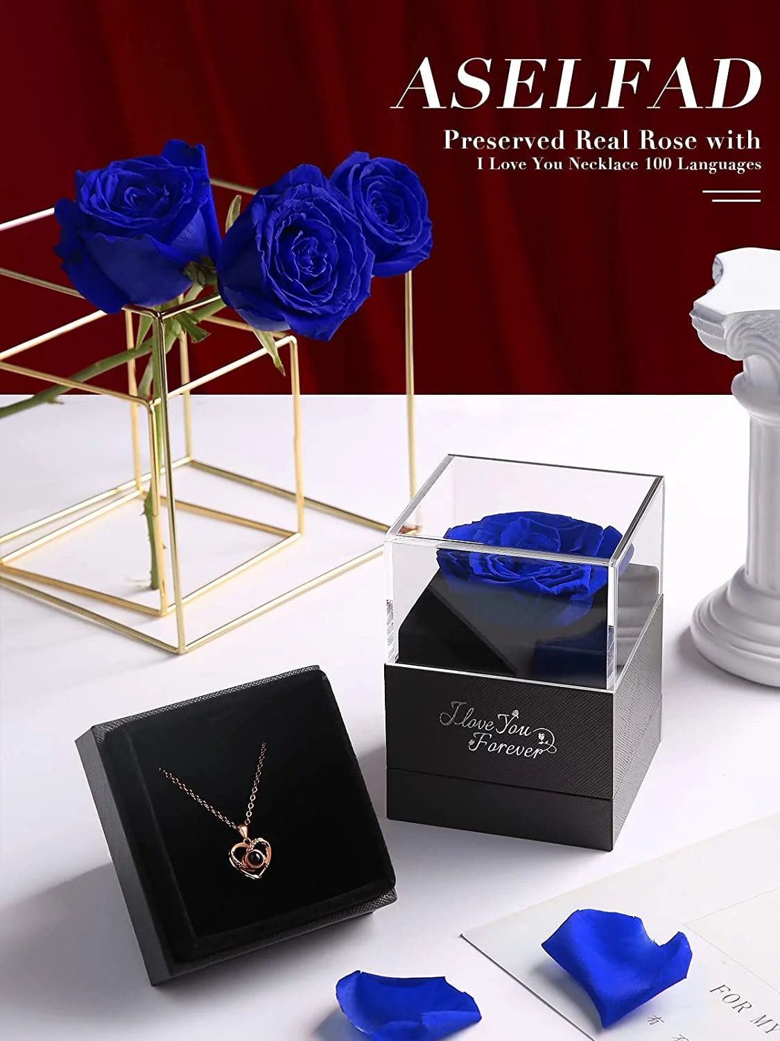 Eternal Love: Preserved Red Rose & Heart Necklace Gift Set - Express Your Feelings in 100 Languages for Every Special Occasion