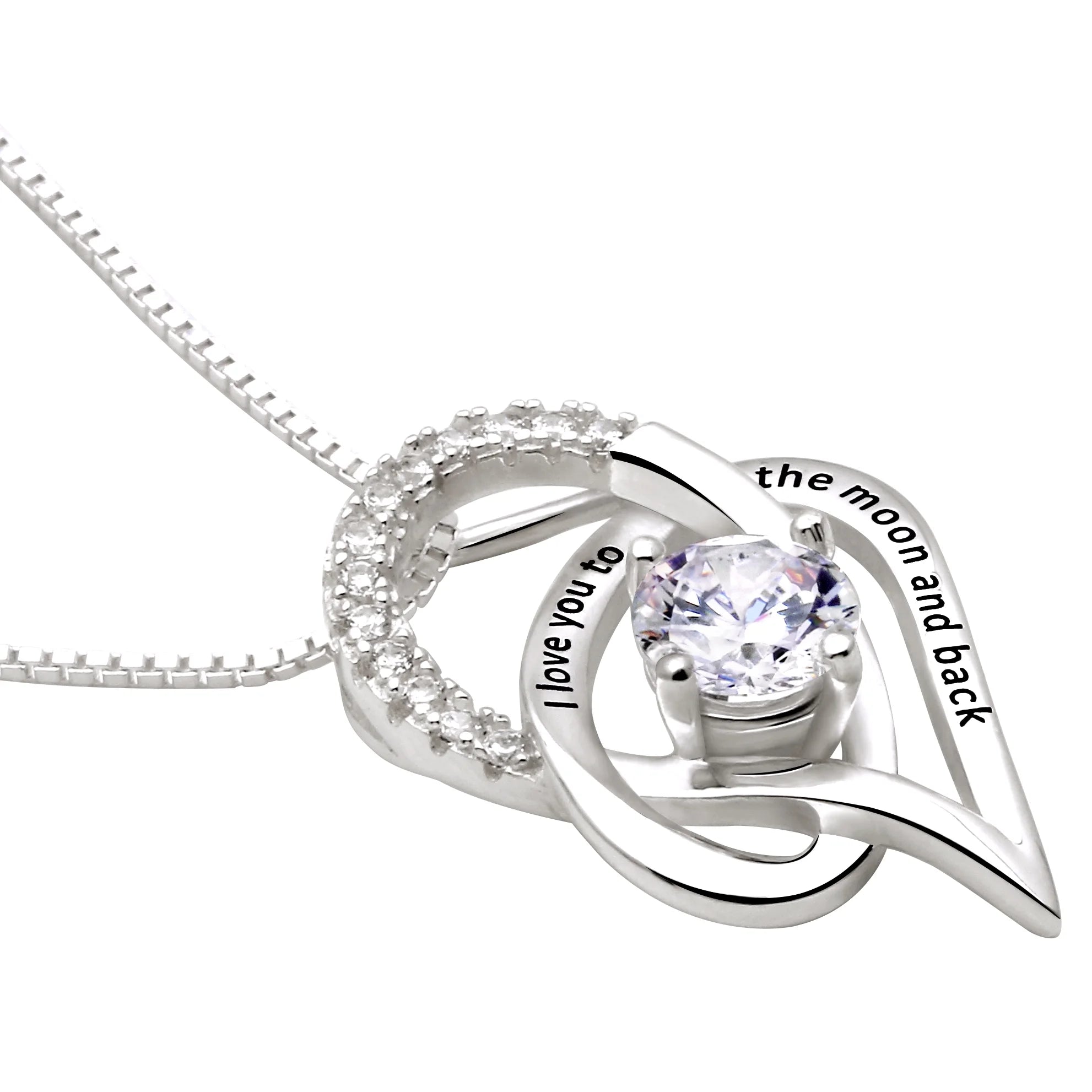 ALOV Jewelry Sterling Silver I Love You to the Moon and Back Love Heart Cubic Zirconia Pendant Necklace