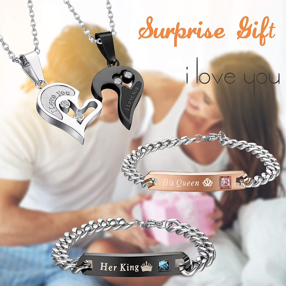 Jstyle 4Pcs Couple Necklace Bracelets Matching Set for Women Men Love Heart Pendant Necklace His & Hers Bracelets Couple Gift