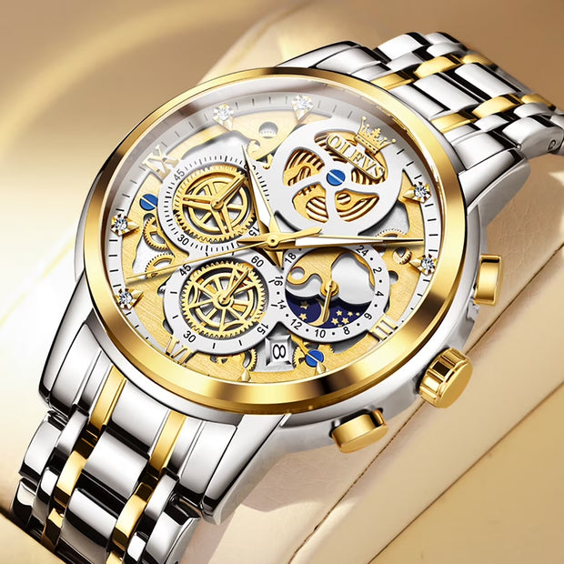 OLEVS Watches for Men Business Dress Luxury Analog Quartz Chronograph Two Tone Gold Plated Stainless Steel Waterproof Luminous Date Casual Mens Wrist Watches Reloj Para Hombre