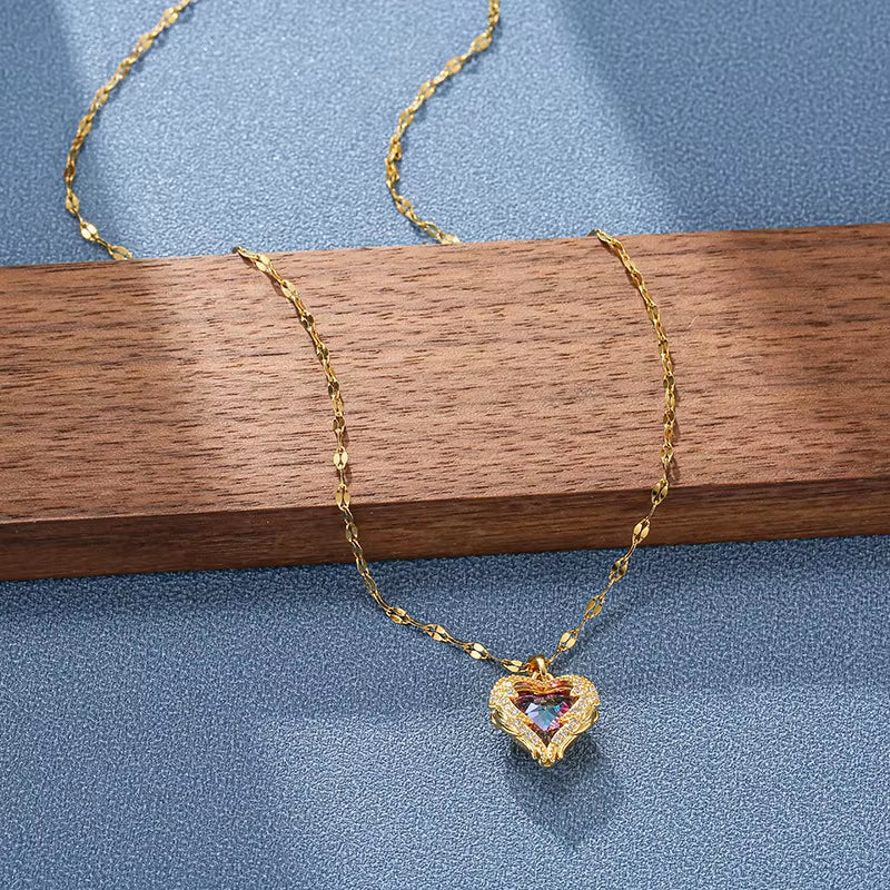 Elevate Your Style with the Stunning Colorful Crystal Ocean Heart Pendant Necklace - Trendy 316L Stainless Steel Jewelry for Women