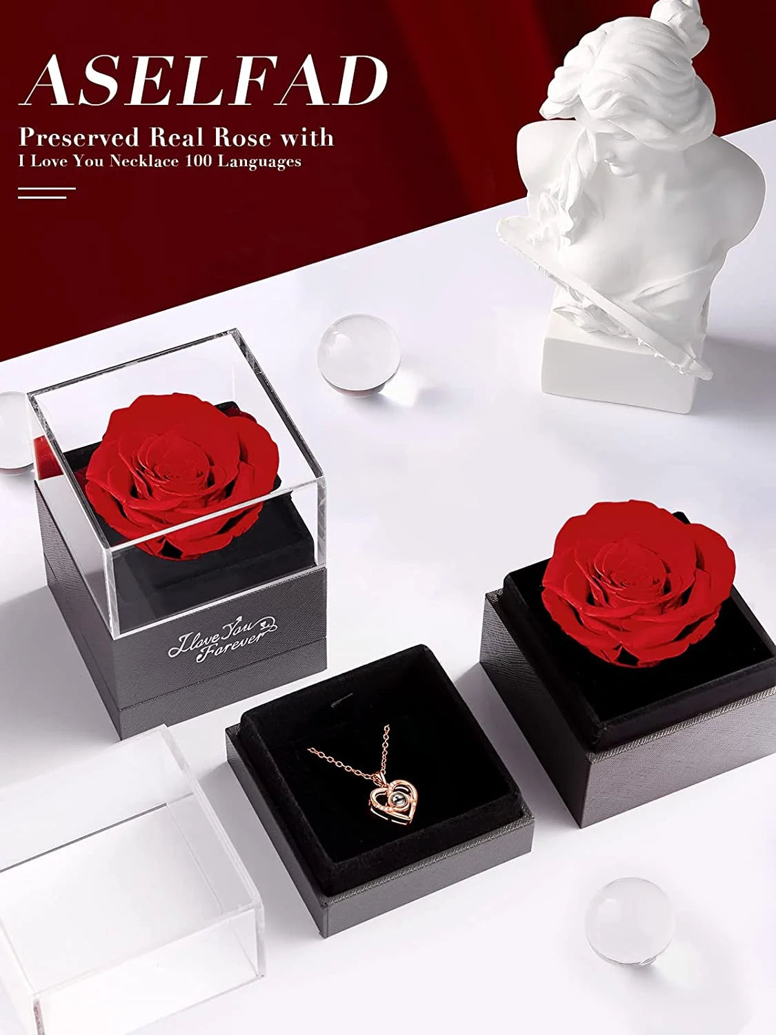 Eternal Love: Preserved Red Rose & Heart Necklace Gift Set - Express Your Feelings in 100 Languages for Every Special Occasion