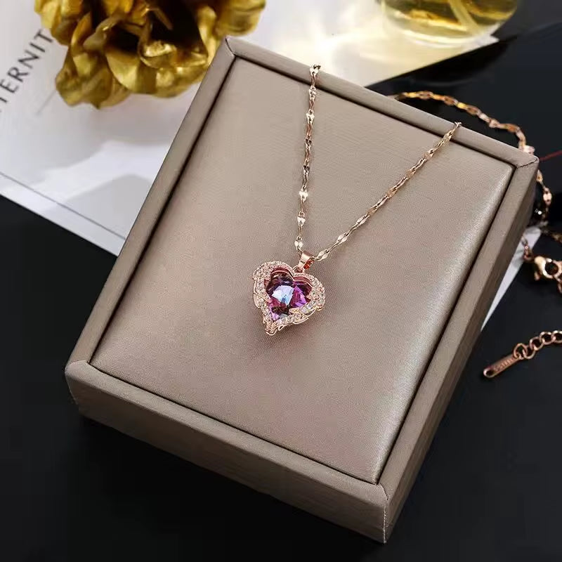 Elevate Your Style with the Stunning Colorful Crystal Ocean Heart Pendant Necklace - Trendy 316L Stainless Steel Jewelry for Women