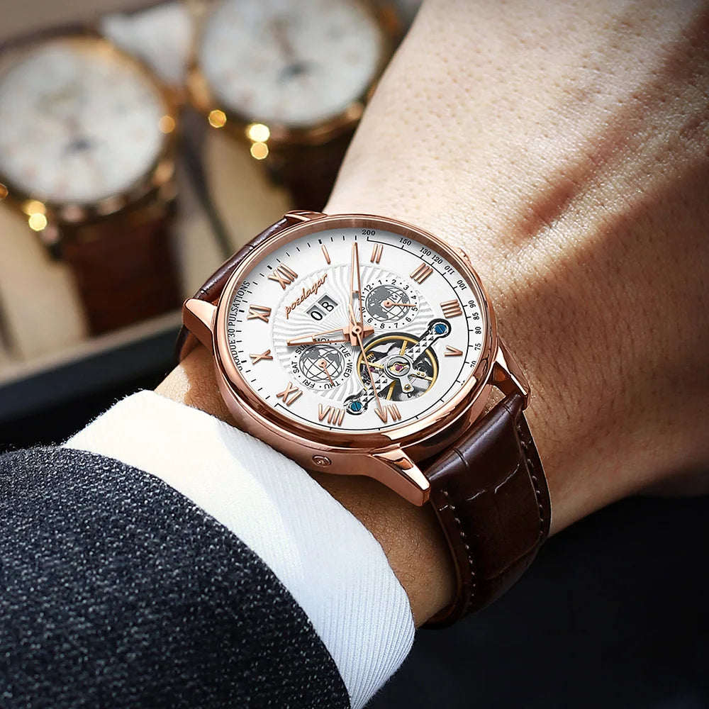 Automatique Mechanical Hollow Watch Luxury Waterproof Date&Week Leather Fashion Men'S Watch Business Male Clock Leisure