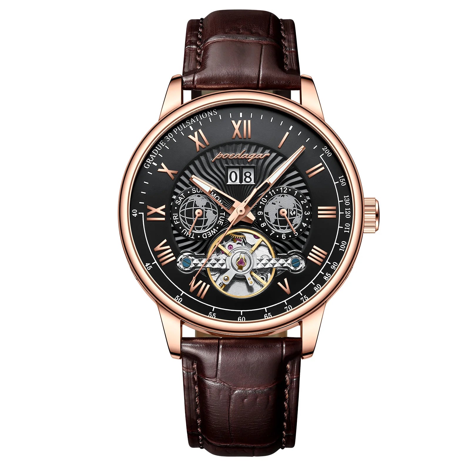 Automatique Mechanical Hollow Watch Luxury Waterproof Date&Week Leather Fashion Men'S Watch Business Male Clock Leisure