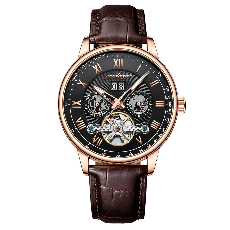 Automatique Mechanical Hollow Watch Luxury Waterproof Date&Week Leather Fashion Men'S Watch Business Male Clock Leisure