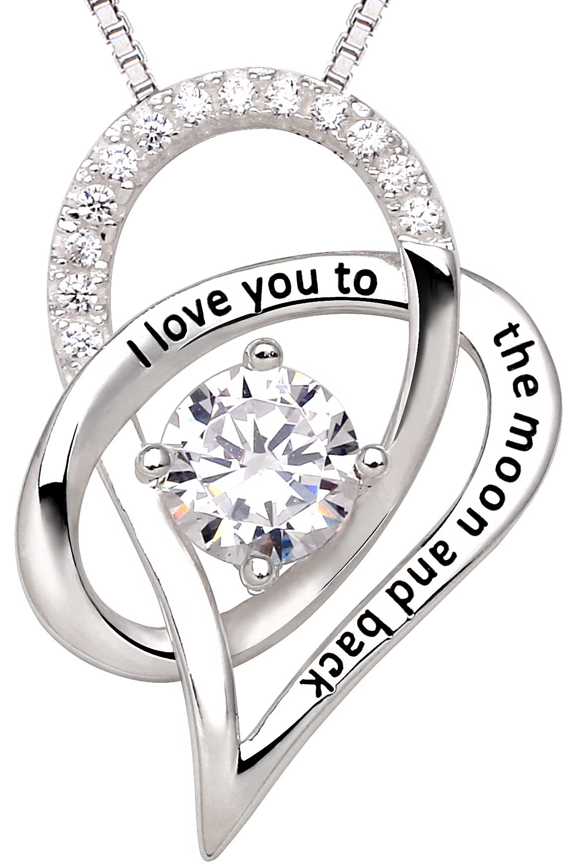 ALOV Jewelry Sterling Silver I Love You to the Moon and Back Love Heart Cubic Zirconia Pendant Necklace