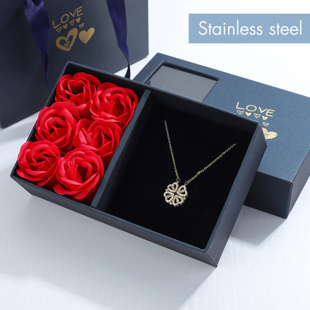 Charming Four-Leaf Clover Pendant Necklace in Elegant Rose Gift Box - Perfect Gift for Her