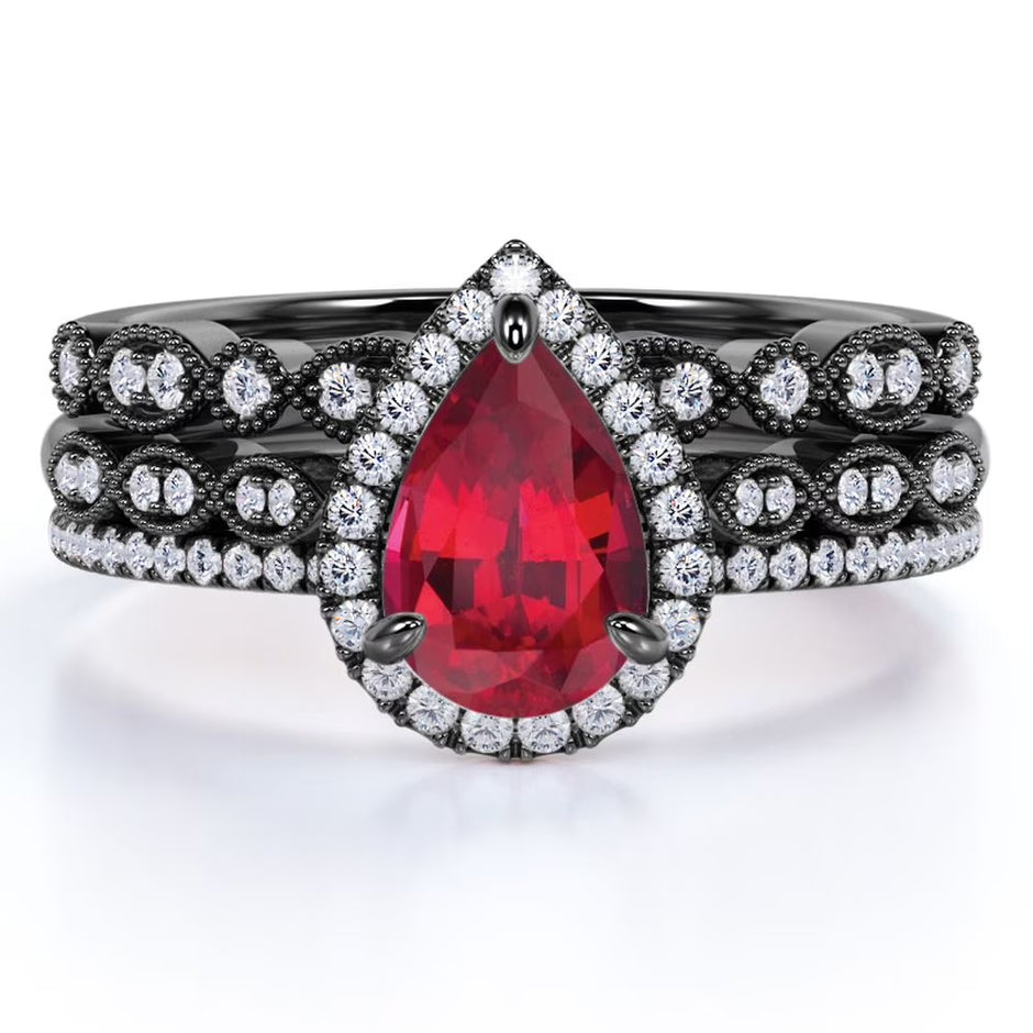 Jeenmata 1.75 Carat Teardrop Vintage Simulated Ruby Trio Set in 18K Black Gold over Silver
