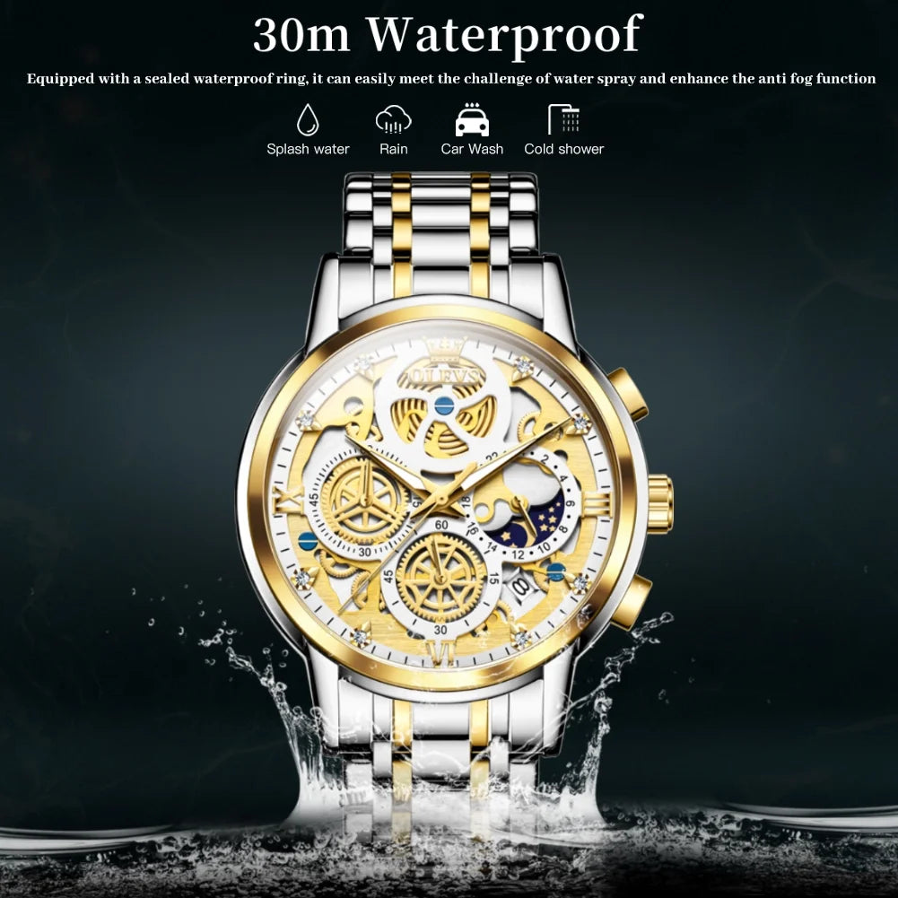OLEVS Watches for Men Business Dress Luxury Analog Quartz Chronograph Two Tone Gold Plated Stainless Steel Waterproof Luminous Date Casual Mens Wrist Watches Reloj Para Hombre
