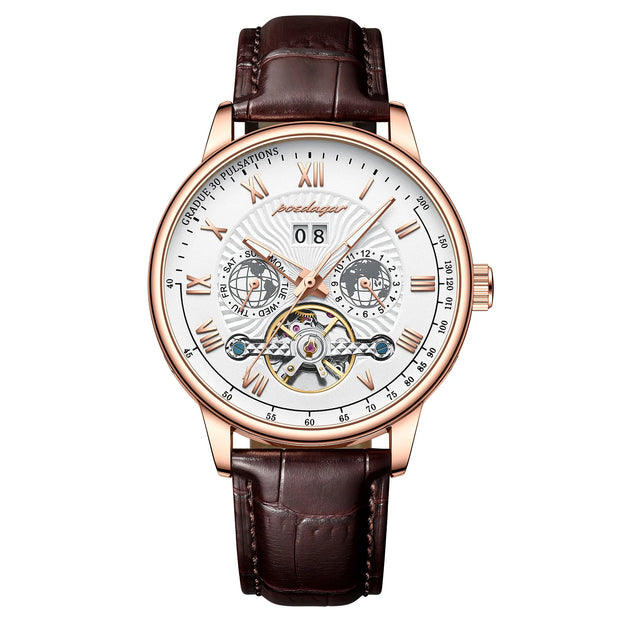 Automatique Mechanical Hollow Watch Luxury Waterproof Date&Week Leather Fashion Men'S Watch Business Male Clock Leisure