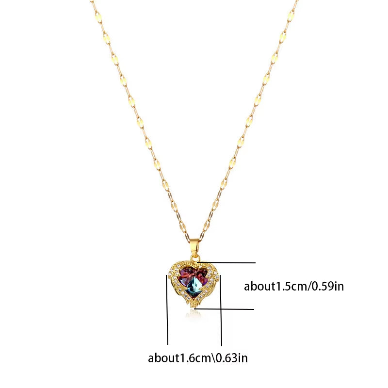 Elevate Your Style with the Stunning Colorful Crystal Ocean Heart Pendant Necklace - Trendy 316L Stainless Steel Jewelry for Women