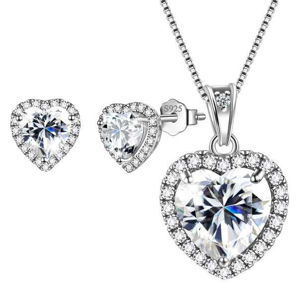 Stunning Heart Jewelry Set for Women - April Birthstone Diamond Necklace & Earrings in 925 Sterling Silver - Perfect Gift for Valentine's, Mother's Day, and Birthdays