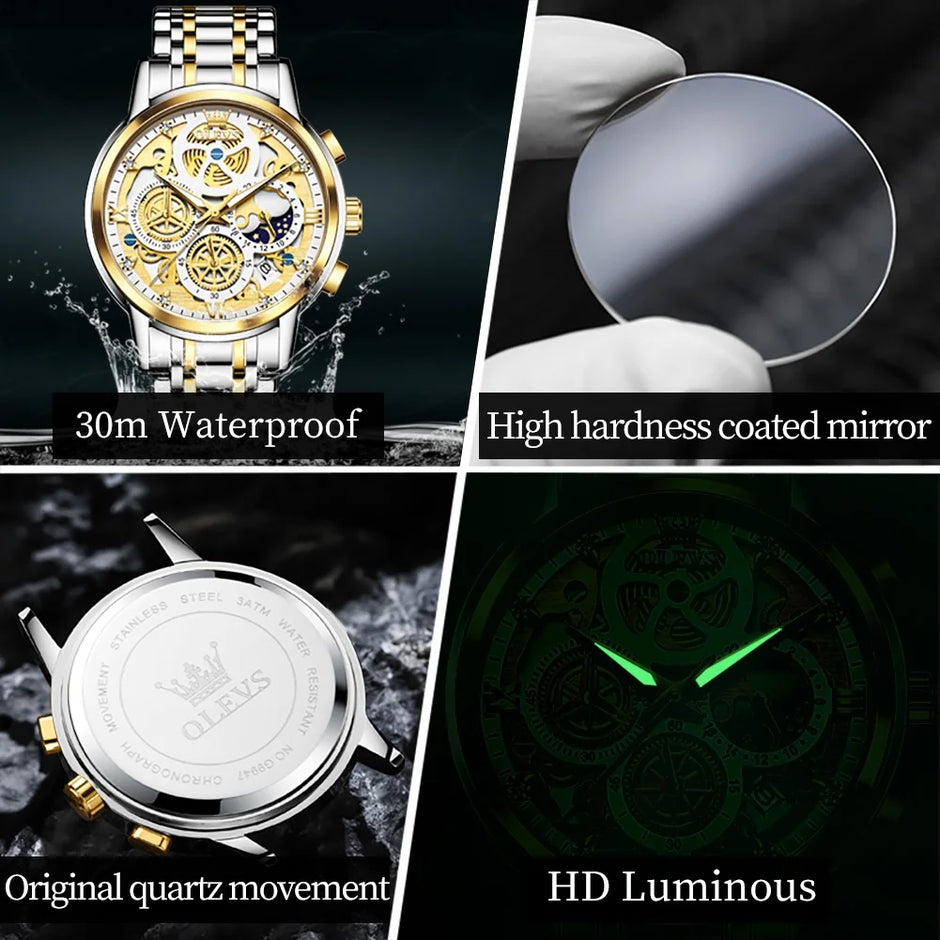 OLEVS Watches for Men Business Dress Luxury Analog Quartz Chronograph Two Tone Gold Plated Stainless Steel Waterproof Luminous Date Casual Mens Wrist Watches Reloj Para Hombre