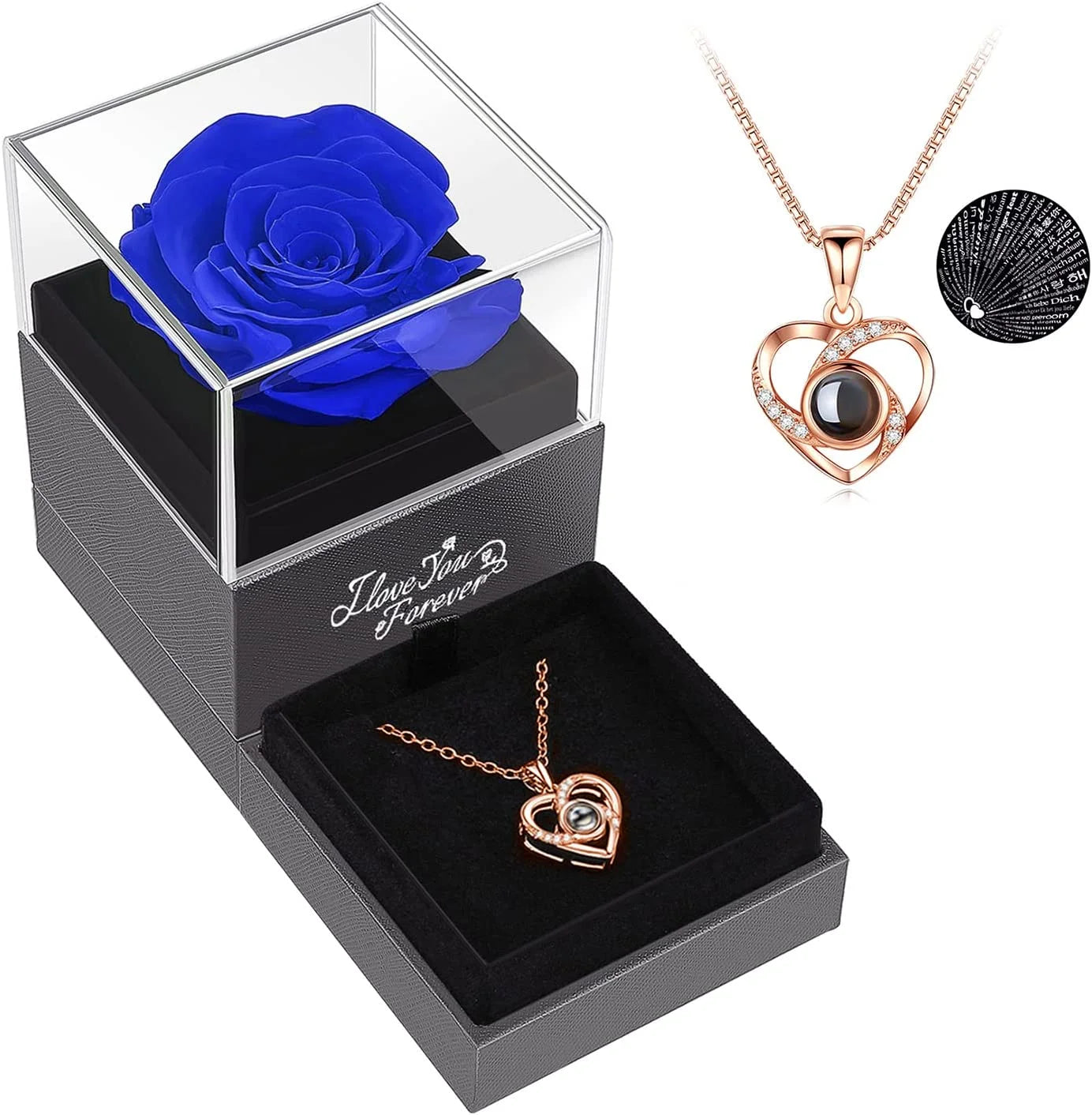 Eternal Love: Preserved Red Rose & Heart Necklace Gift Set - Express Your Feelings in 100 Languages for Every Special Occasion