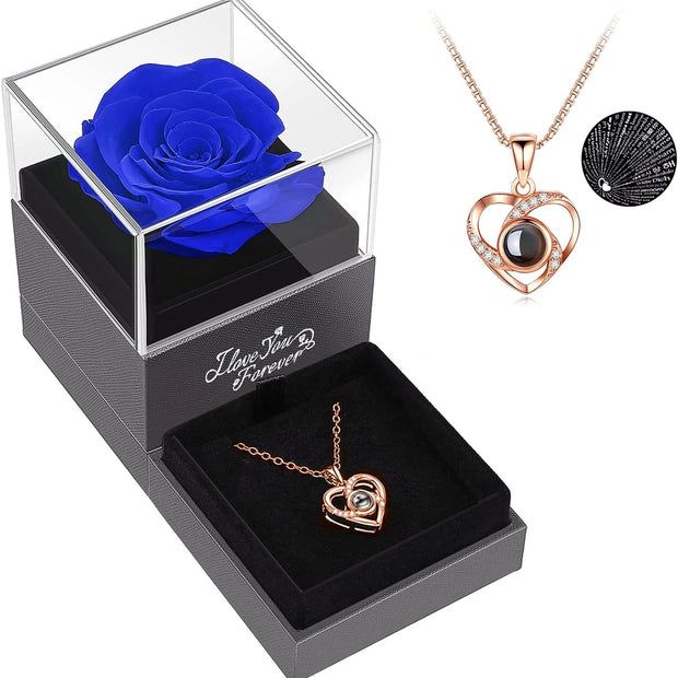 Eternal Love: Preserved Red Rose & Heart Necklace Gift Set - Express Your Feelings in 100 Languages for Every Special Occasion