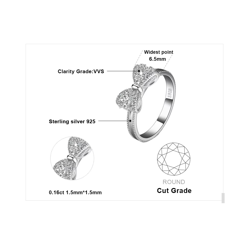 Bow Knot 925 Sterling Silver Cubic Zirconia Ring for Women Fashion Jewelry Gift