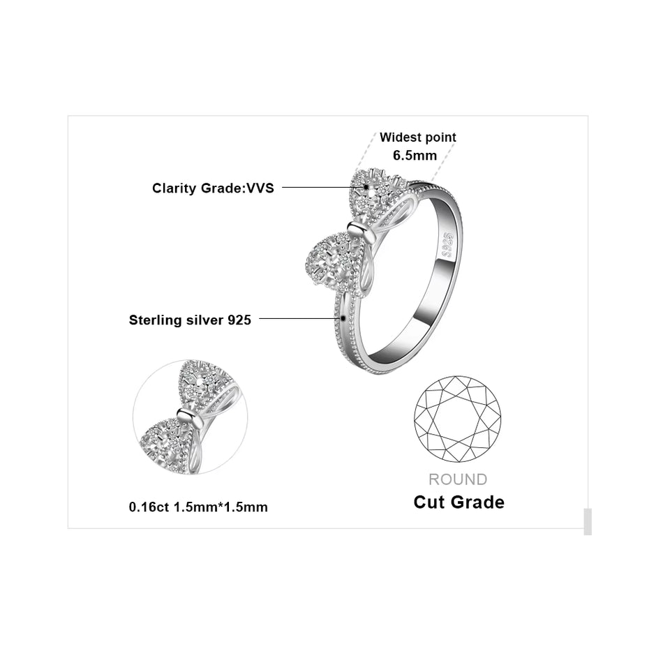 Bow Knot 925 Sterling Silver Cubic Zirconia Ring for Women Fashion Jewelry Gift