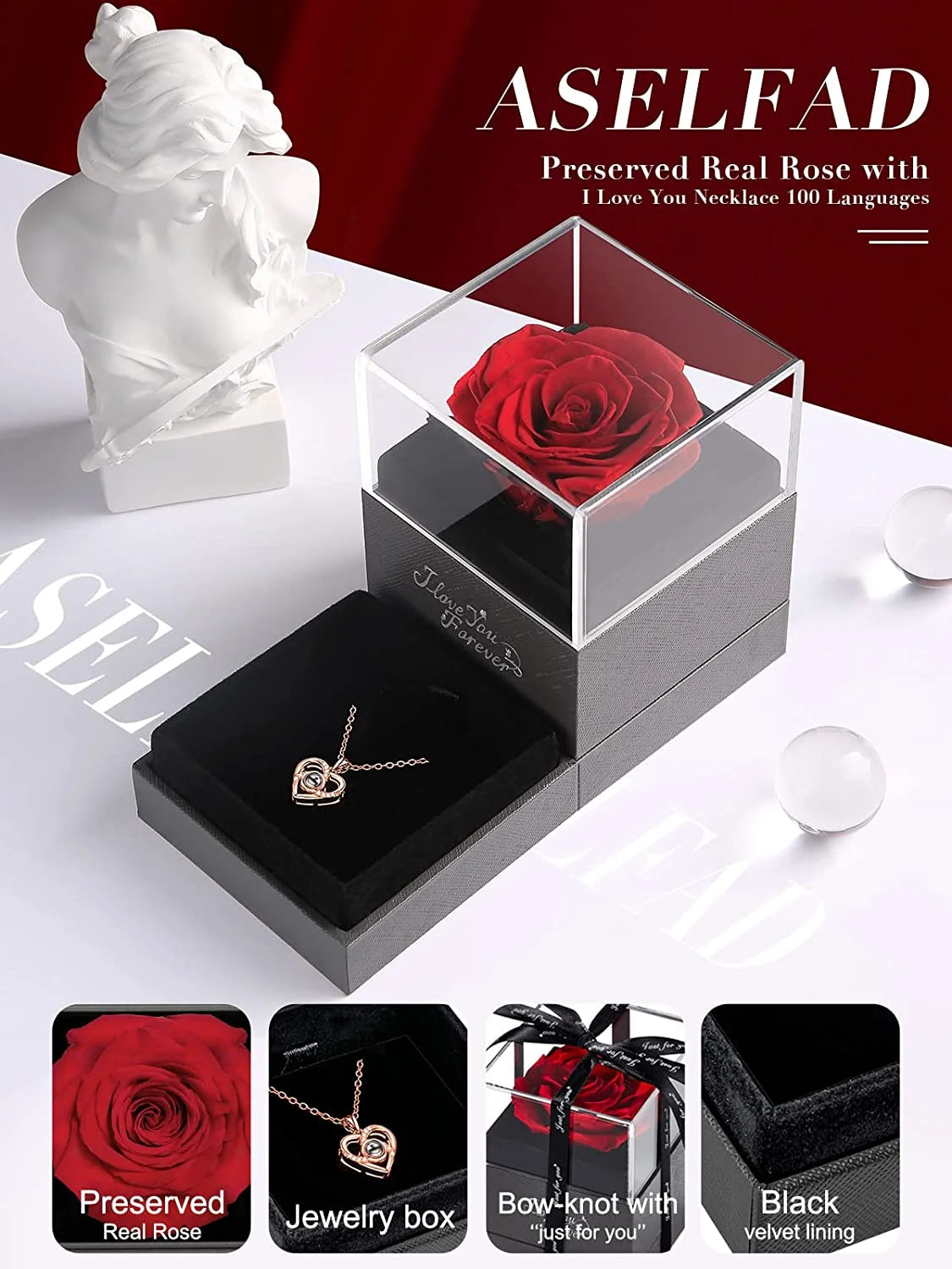 Eternal Love: Preserved Red Rose & Heart Necklace Gift Set - Express Your Feelings in 100 Languages for Every Special Occasion
