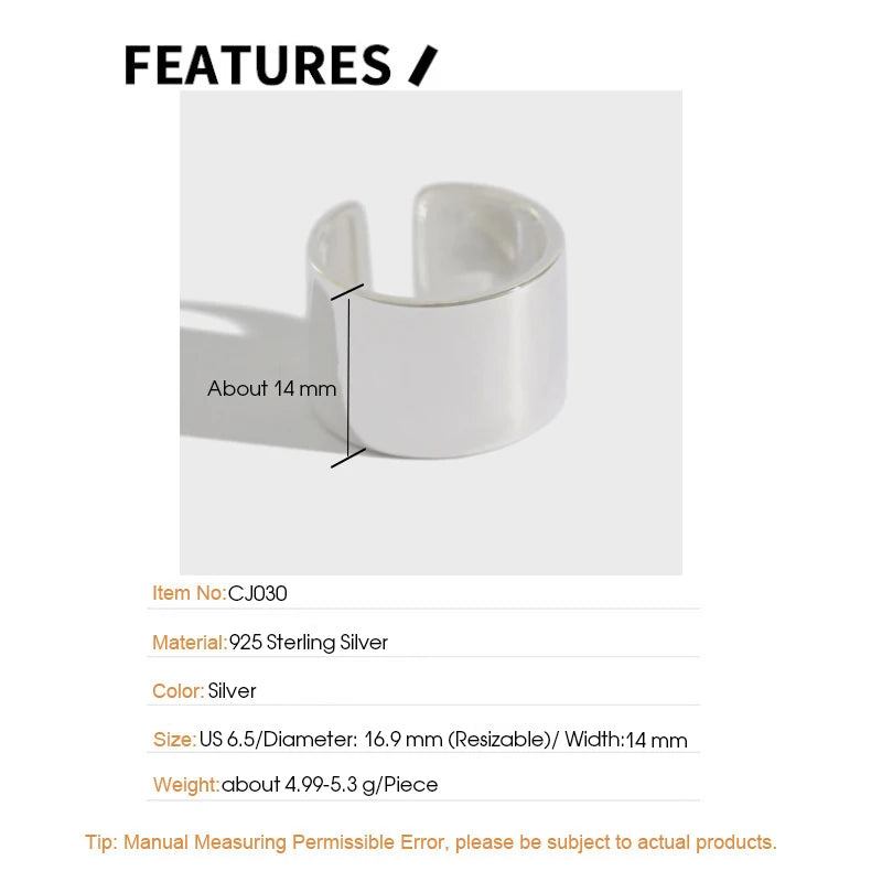 F.I.N.S S925 Sterling Silver Rings for Ladies Minimalism Glossy Open Ring Wide Simple Finger Ring Silver 925 Women'S Decoration