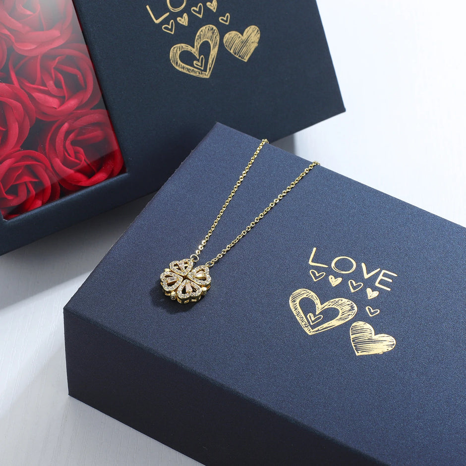 Charming Four-Leaf Clover Pendant Necklace in Elegant Rose Gift Box - Perfect Gift for Her