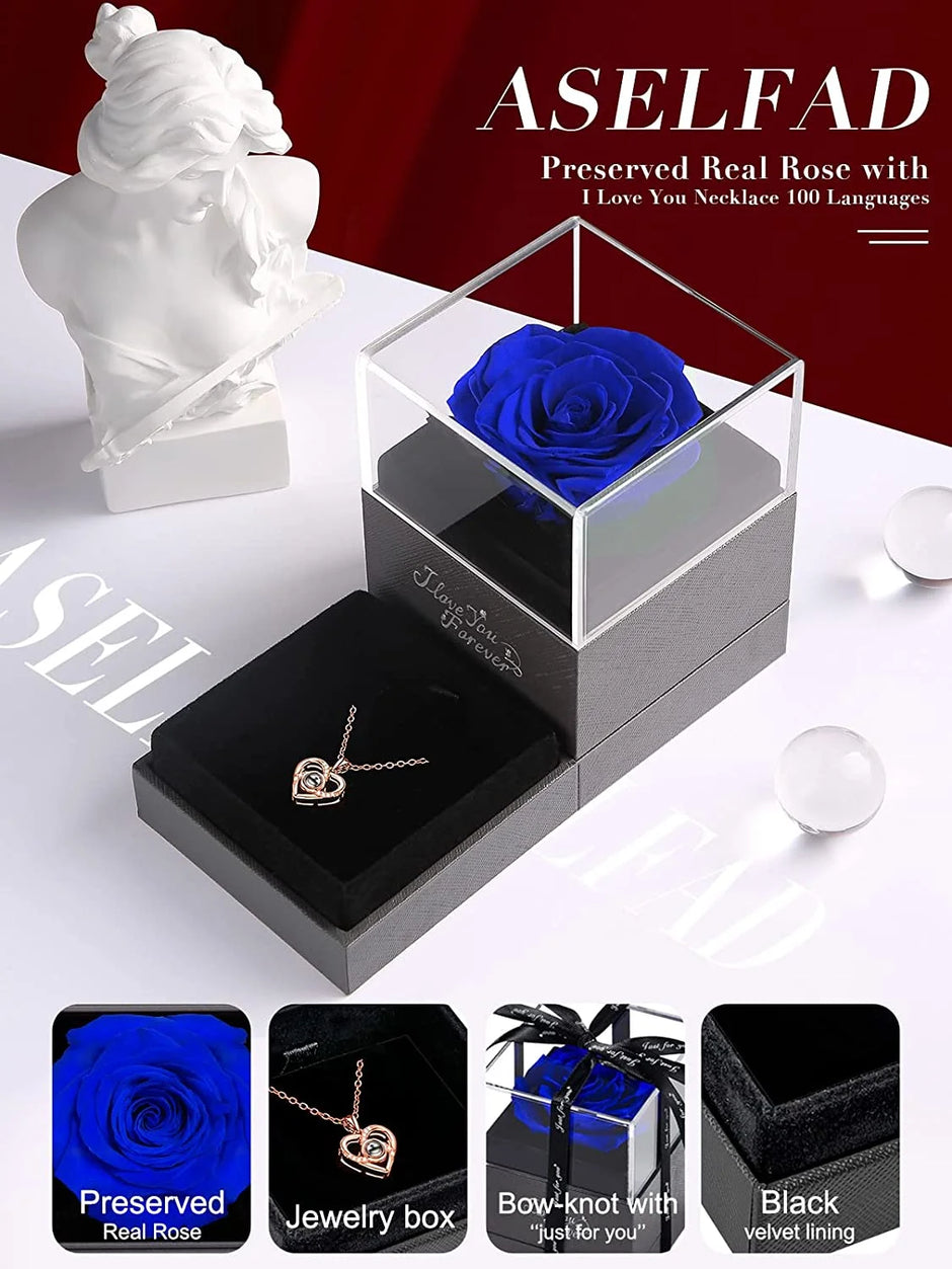 Eternal Love: Preserved Red Rose & Heart Necklace Gift Set - Express Your Feelings in 100 Languages for Every Special Occasion