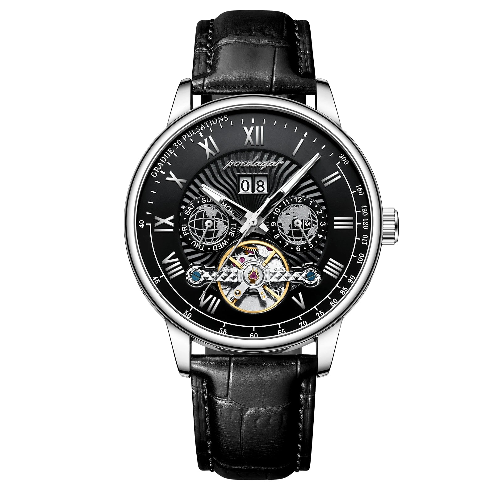 Automatique Mechanical Hollow Watch Luxury Waterproof Date&Week Leather Fashion Men'S Watch Business Male Clock Leisure