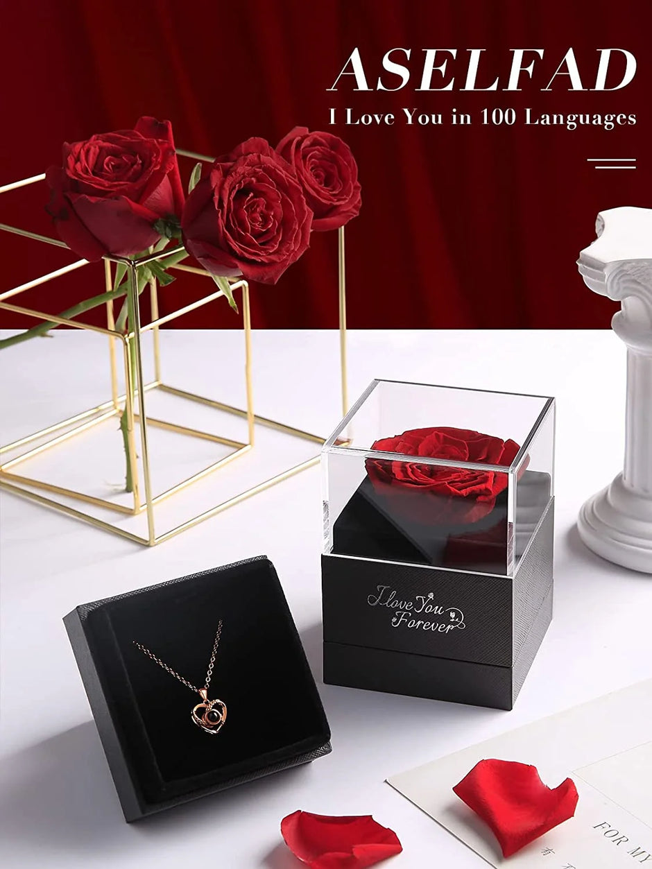 Eternal Love: Preserved Red Rose & Heart Necklace Gift Set - Express Your Feelings in 100 Languages for Every Special Occasion