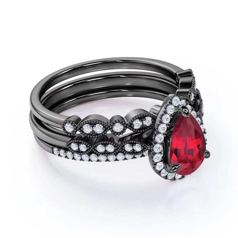 Jeenmata 1.75 Carat Teardrop Vintage Simulated Ruby Trio Set in 18K Black Gold over Silver