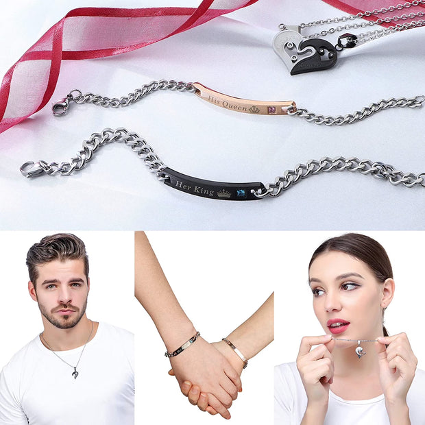 Jstyle 4Pcs Couple Necklace Bracelets Matching Set for Women Men Love Heart Pendant Necklace His & Hers Bracelets Couple Gift