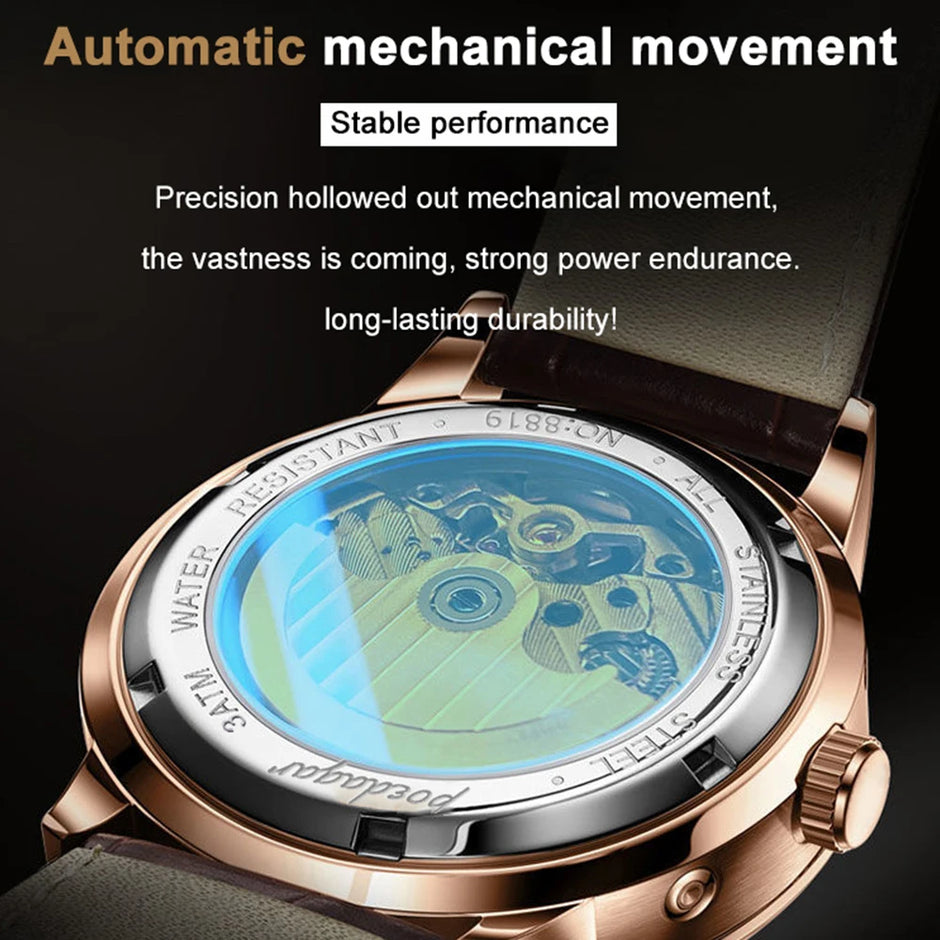 Automatique Mechanical Hollow Watch Luxury Waterproof Date&Week Leather Fashion Men'S Watch Business Male Clock Leisure