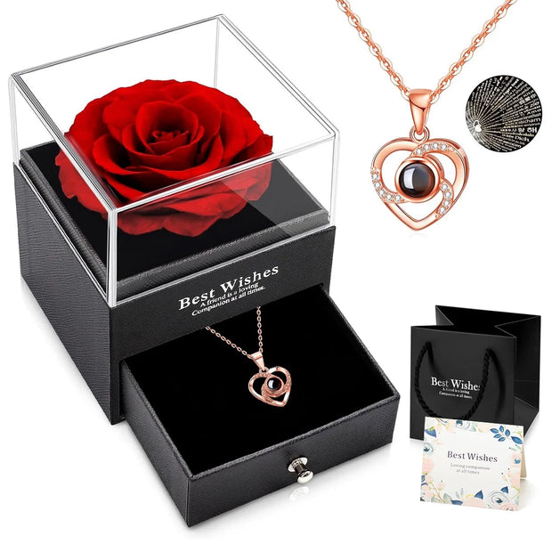 Eternal Love: MYEBIUAI Preserved Red Rose Necklace with Heart Pendant and 100 Languages of Love
